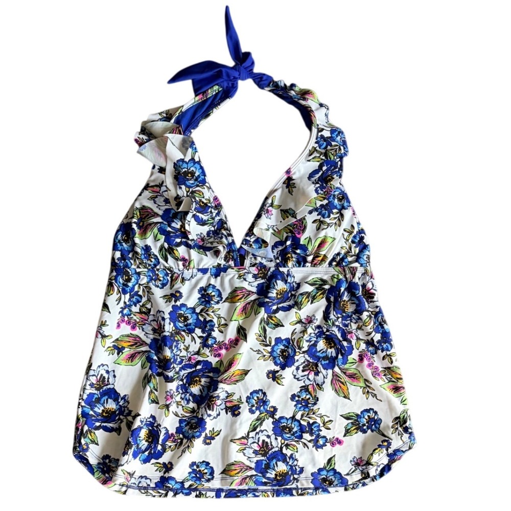 a.n.a A New Approach Romeo Floral Tankini Top Blue White Ruffle Halter Large NWT